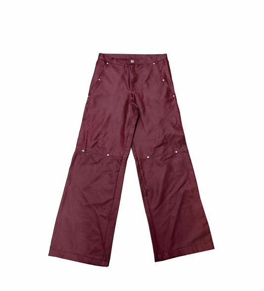 Burgundy Denim with Leather Finish Trousers Embellished with Rhinestones