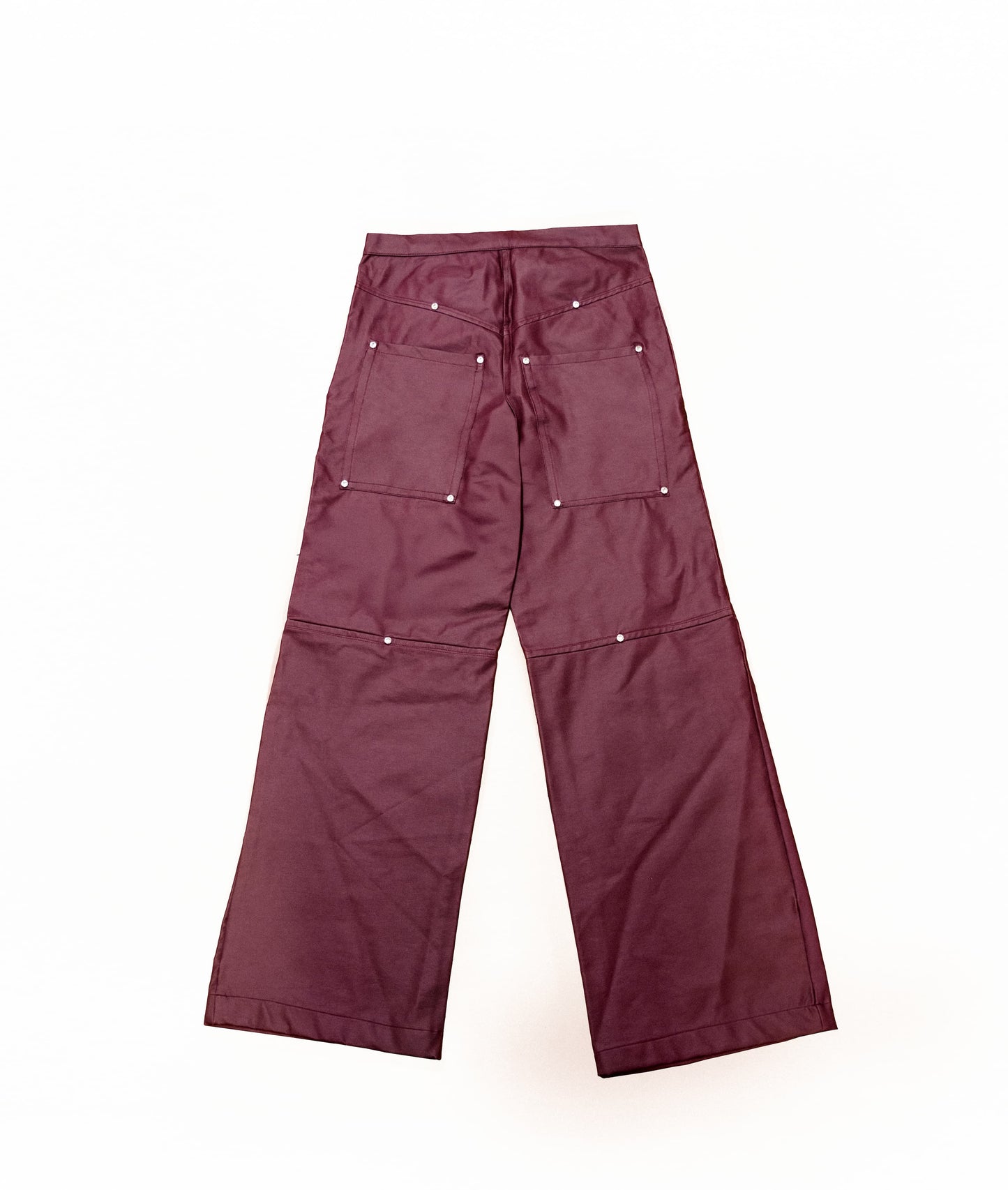 Burgundy Denim with Leather Finish Trousers Embellished with Rhinestones