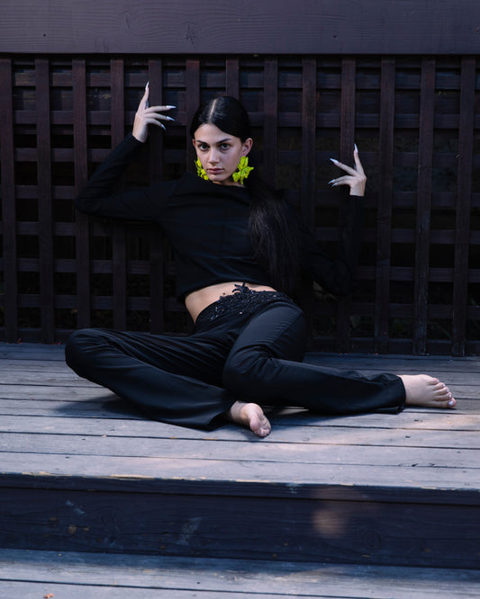 Black Sheer Trousers with Embroidered Flowers