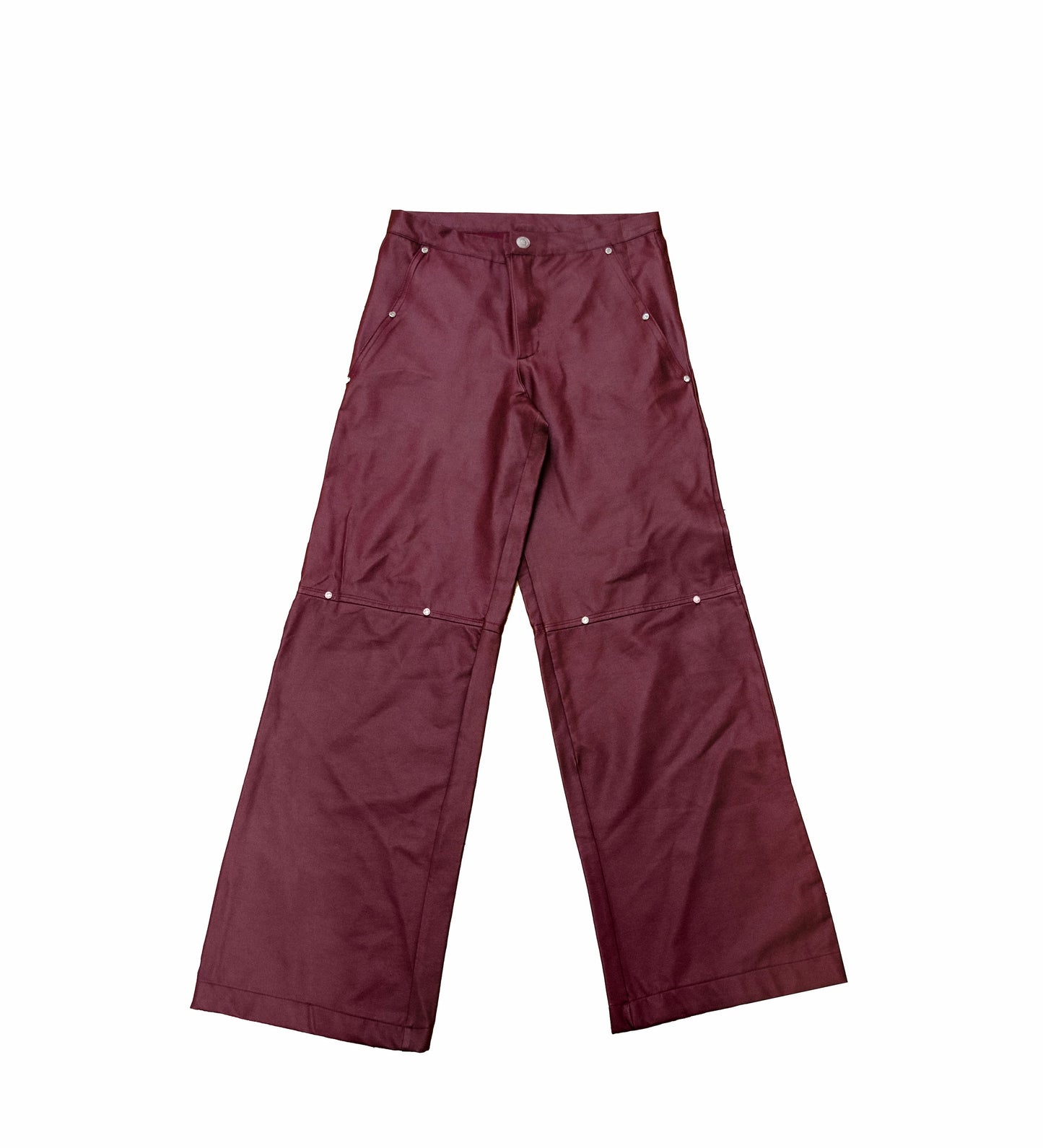 Burgundy Denim with Leather Finish Trousers Embellished with Rhinestones