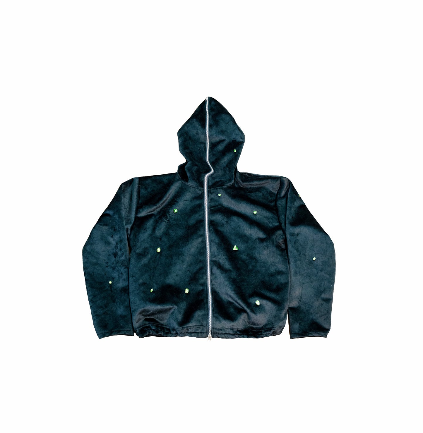 Black Suede Zip Up Jacket Embellished with Emerald Rhinestones