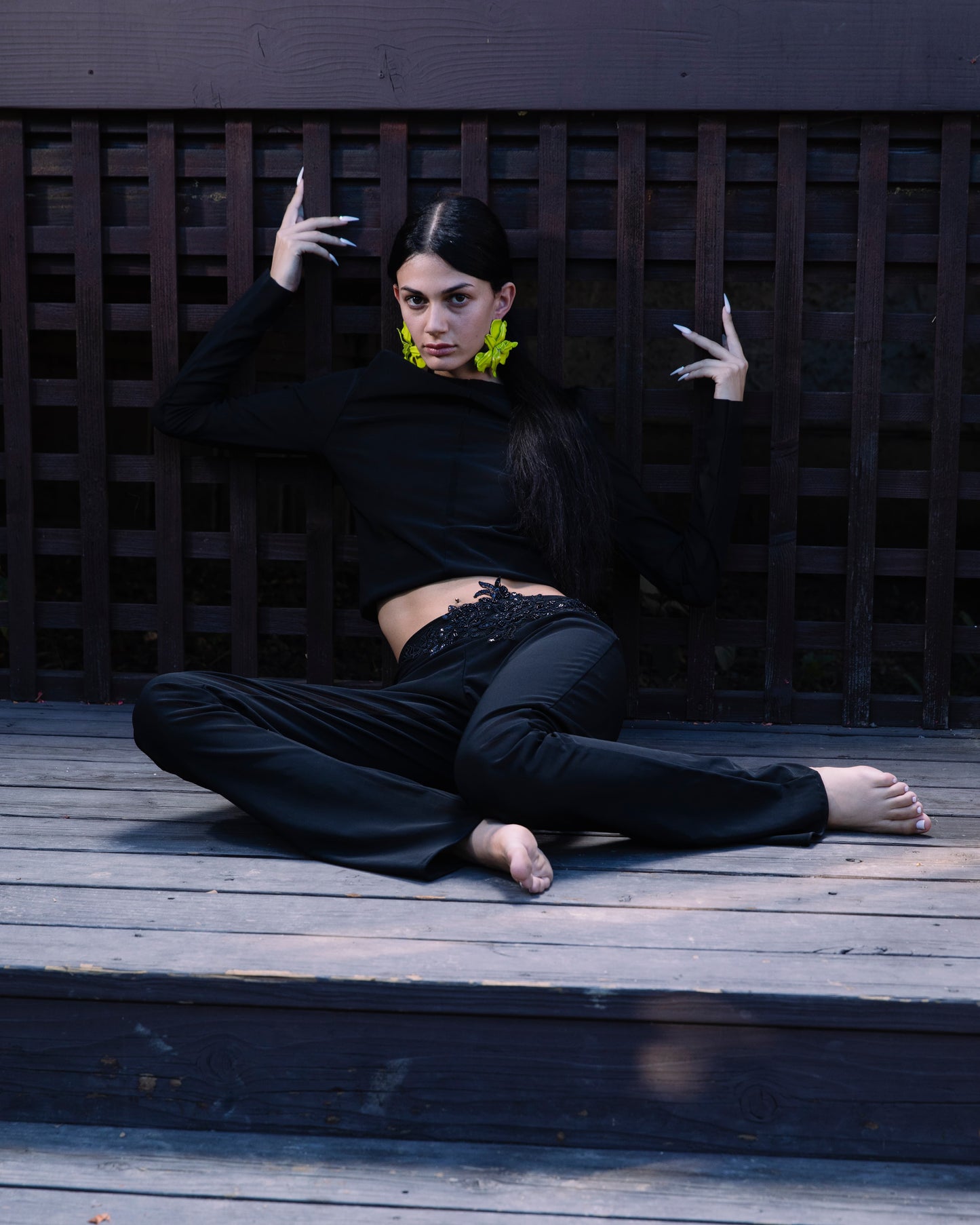 Black Sheer Trousers with Embroidered Flowers